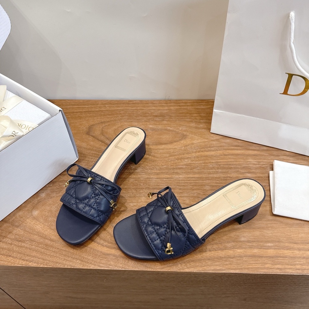 DIOR Cannage Quilted Lambskin Heeled Mules Slides Navy Blue - Picture 3 of 4